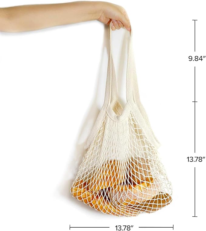 LZMS 3PCS Cotton Net Bags for Produce,Farmers Market Bag,Mesh Produce Bags Reusable Washable,Grocery Veggie Net Tote with Wide-Strap Carry Handles(Long Handle)