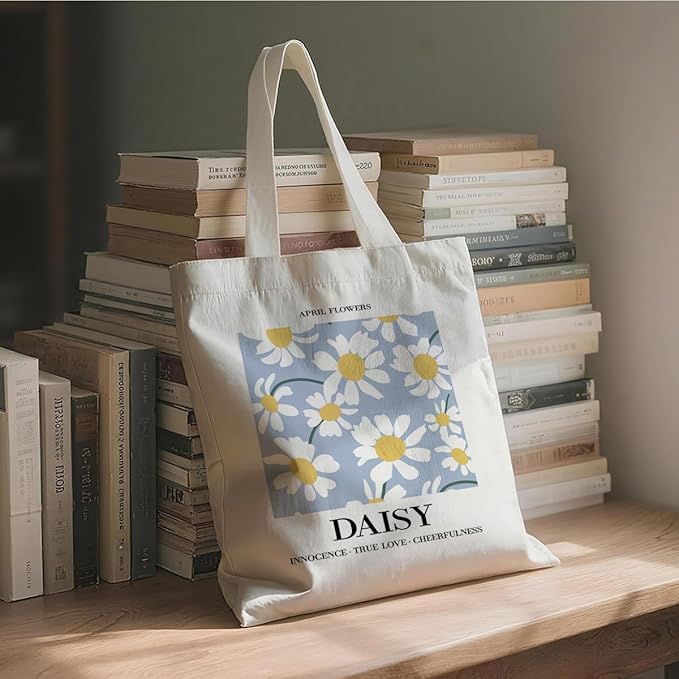 Flower Canvas Tote Bag, April Daisy Reusable Shoulder Bags, Gifts to Sister and Friends, Holiday Gift Bags for Wrap Storage, Casual Canvas Totes for Work Traveling