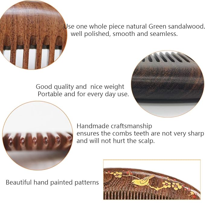 Handmade Wooden and Natural Sandalwood Combs Set - Detangling Fine Tooth Comb with Handle for Women, Anti Static Moon Shape Comb for Straight, Wavy, Dry, Thick or Fine Hair