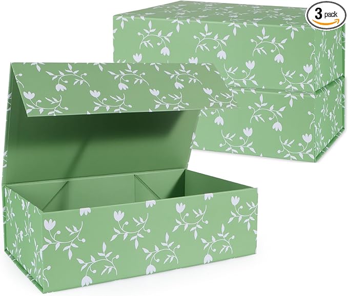 Green Leaves Gift Box with Magnetic Lids 13.8x8.3x4.4 in, Large Bridesmaid Proposal Boxes, Rectangle Wedding Decorative Storage Box 3 Pack