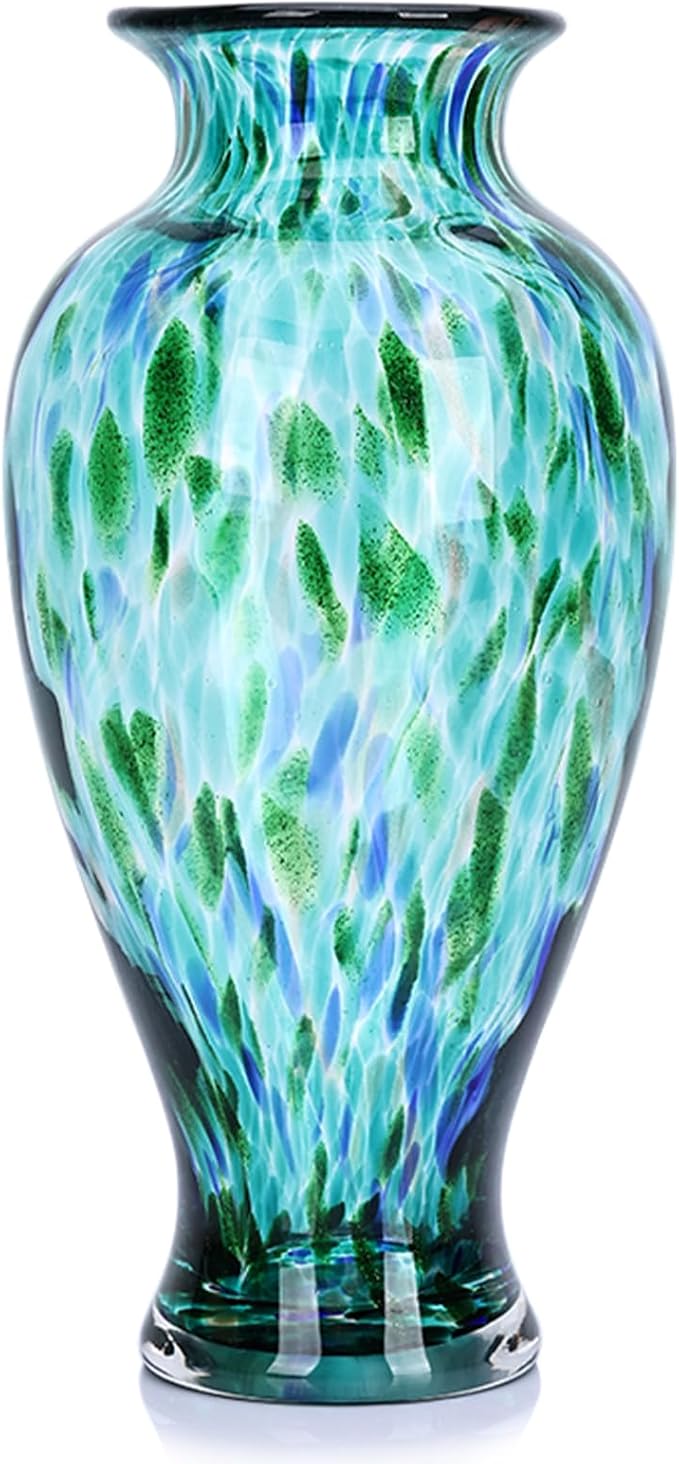 Hand Blown Glass Vase 11.8" Tall Beautiful Turquoise Sea Wide Mouth Bud Vase for Table Centerpiece, Painted Colorful Murano Glass Flower Vases for - Home Entrance Wedding Center