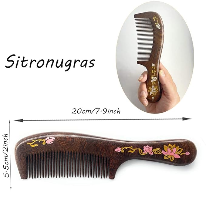 Wooden Comb Natural Handmade Comb, Fine Tooth Sandalwood Comb for Wavy hair,Thick hair, Thin hair, Straight hair, No Static No Snag Reduce Tangle Combs for Men Women Kids,Wooden Hair Comb with Handle (Water Lilies Hand-drawn Pink)