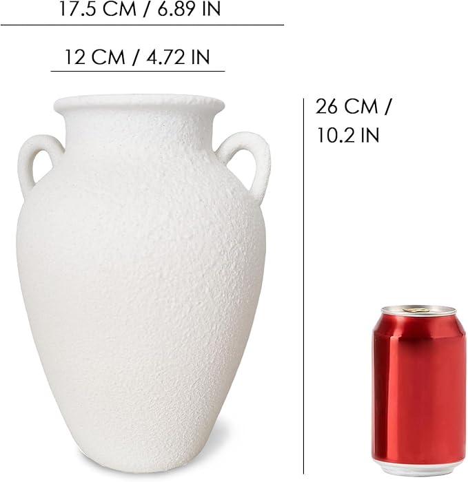 White Ceramic Pottery Barn Vase with Handles - 10" Large Decorative Terracotta Vase for Pampas Grass, Rustic Farmhouse Boho Vases for Home Decor, Living Room, Mantel, Table, Shelf