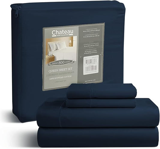 100% Egyptian Cotton Sheets For King Size Bed, 800 Thread Count Deep Pocket King Sheet Set, Elasticated Sheet & Pillowcase Sets, No Pill & Shrink, Soft & Comfy Naturally Cool & Breathable- Dark Denim