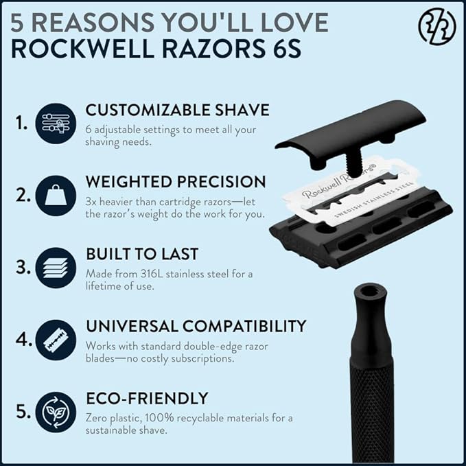 Rockwell Razors 6S Black Stainless Steel Safety Razor. Adjustable Single Blade Razor With 6 Shave Settings and 5 Recyclable Blades. Custom Shaves For Men and Women. Reduces Razor Burn and Irritation.