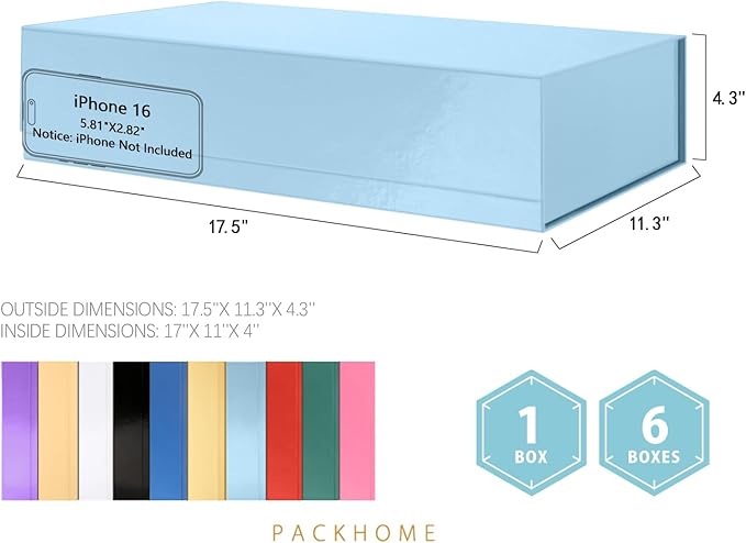 PACKHOME 6 Extra Large Gift Boxes 17.5x11.3x4.3 Inches, Sturdy Shirt Boxes with Magnetic Lids for Clothes and Large Gifts (Glossy Light Blue)