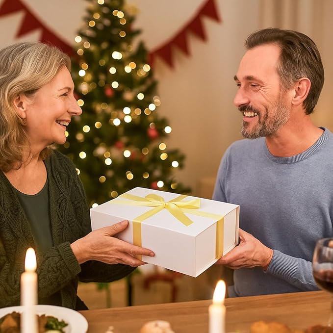 UoeRing 1 Pcs White Gift Box,9.5x6x3 Magnetic Gift Box for Presents with Lids Rectangle Collapsible for Bridesmaid Proposal Box,Wedding,Christmas,Birthday Gift Packging with Ribbon Card Envelope