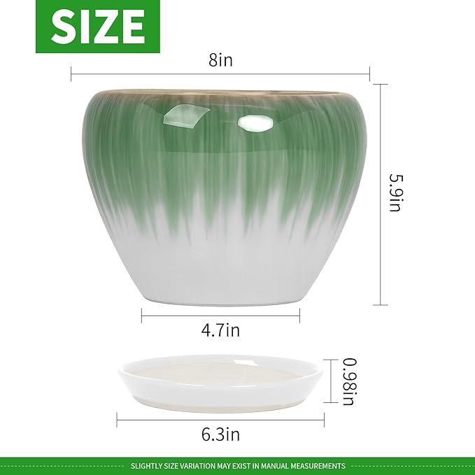 Deep Dream 8 Inch Plant Pots- Ceramic Pots for Plants with Drainage Hole and Saucer, Large Planter Pot for Indoor Plants Outdoor Decor, White&Green