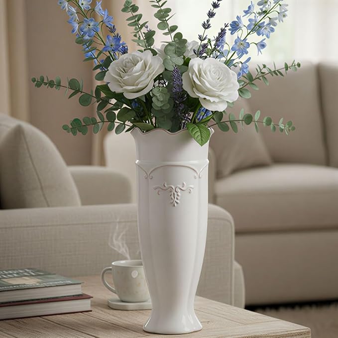 hjn White Ceramic Vase- French Flower Vase for Decor Tall Vintage Vases for Flowers/Home Decoration/Kitchen/Table/Living Room/Shelf/Mantel/Office-Height-11.6"