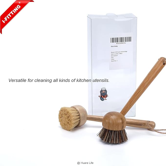 Bamboo Dish Scrubber, Dish Brushes with Bamboo Handle, Wooden Cleaning Scrubbers Stiff Bristles for Washing Kitchen Cast Iron Pan Pot, Kitchen Cleaning Set