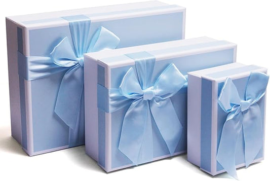 Airuisike Gift Boxes With Lids, Set of 3 Blue Gift Boxes For Presents, Elegant Present Boxes For Gifts, Assorted Gift Wrap Boxes