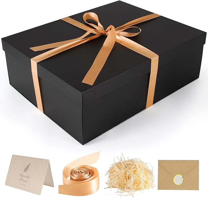 Gift Box, 16.5x13x5.5 inches Large Black Gift Boxes with Lids for Presents, Birthday Box Contains Card Ribbon Shredded Paper Filler, Gift Wrap Boxes for Valentine Mother's Day Christmas Anniversary