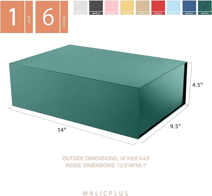 6 Large Gift Boxes with Lids 13.5x9x4.1 Inches, Green Groomsmen Proposal Gift Boxes with Magnetic Closure for Father's Day or All Occasion (Glossy Green)