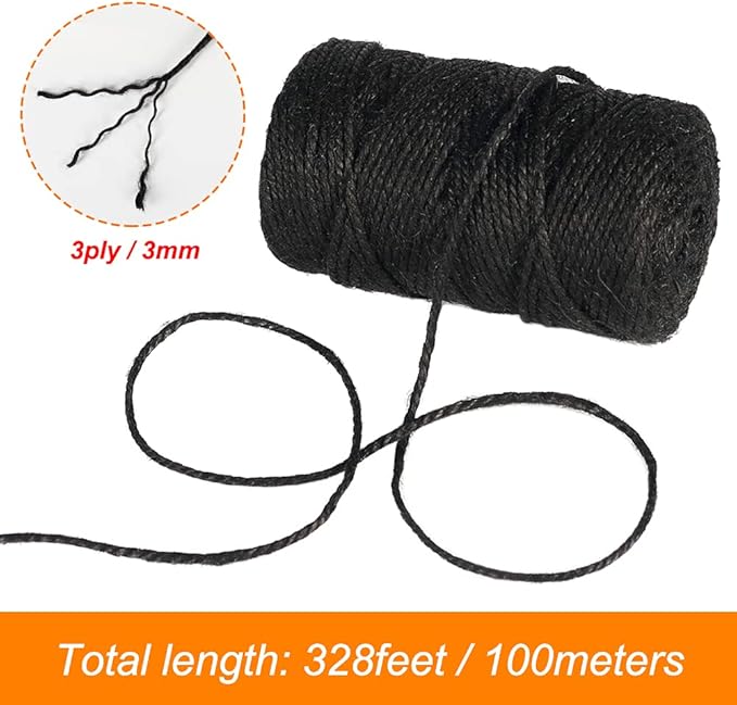 328 Feet 3mm Thick Natural Jute Twine, 3Ply Black Garden Twine Heavy Duty Industrial Packing Materials String Wrapping, Arts, and Crafts