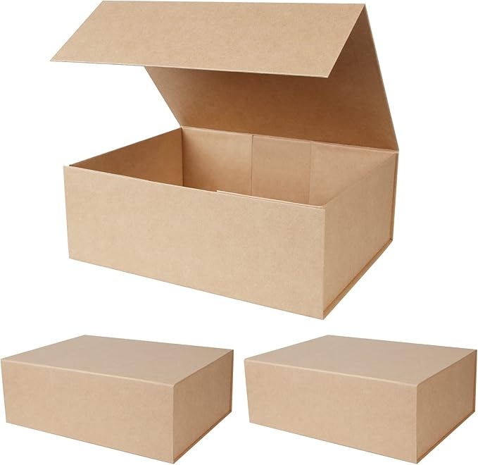 Aimyoo Brown Collapsible Gift Box with Magnetic Closure Lids, Large Rectangle Bridesmaid Groomsmen Proposal Box for Present Graduation Storage 3 Pack