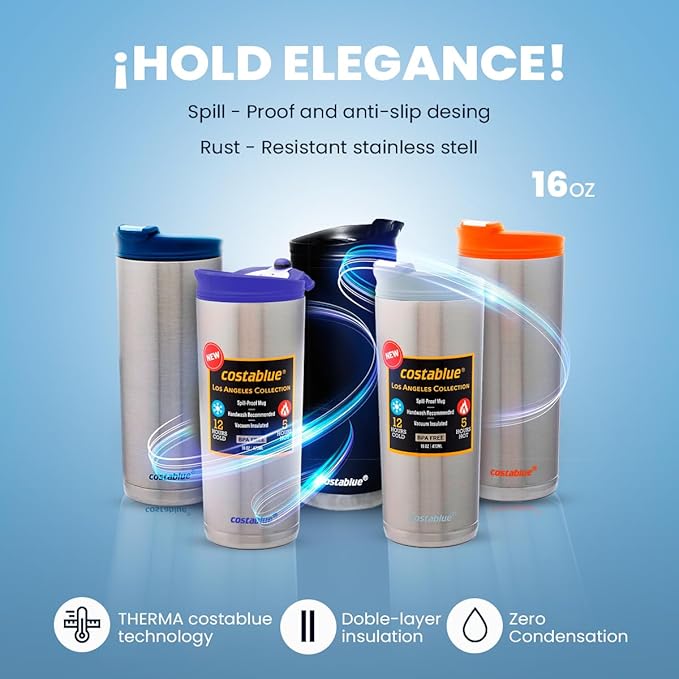 Travel Coffee Mug - 16 Oz. Stainless Steel Insulated Coffee Mug, Leak Proof Tumbler w/Dishwasher Safe Lid, Double Wall Travel Cup, Reusable Insulated Tumbler for Hot & Cold Beverages