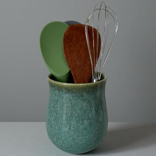 Medium Ceramic Kitchen Utensil Holder for Kitchen Counter Short Cooking Utensil Holder for Countertop Spatula Holder Small Utensil Crock Cutlery Holder Silverware Caddy Flower Vase (Retro Mist Green)
