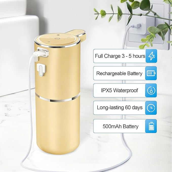 Automatic Foaming Soap Dispenser - Hand Free Pump Touchless Soap Dispenser USB Rechargeable Dispenser with 380ml, 4levels Adjustable Dispenser for Bathroom Kitchen