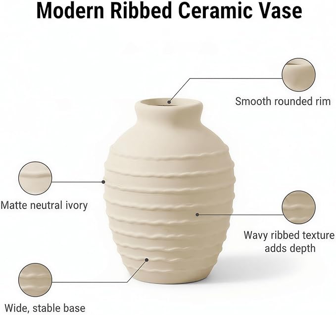 6.6-Inch Off-White Ceramic Flower Vase, Rustic Farmhouse Boho Pottery Centerpiece for Table, Living Room & Shelf