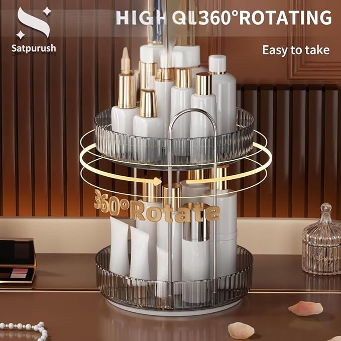 360° Rotating Makeup Organizer – 2-Tier Spinning Cosmetic Holder for Vanity, Countertop, Bathroom & Dresser – Perfume, Skincare & Cosmetic Care Organizer (Clear Grey, 2 Tier)