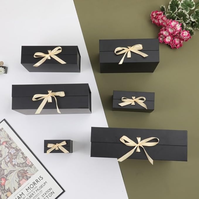BoxSkivra Large Black Gift Box with Ribbon 1 Pack 16.5X13X5.3 Inch Extra Large Gift Box with Lid Magnetic Closure Rectangle Collapsible Luxury Boxes for Wedding Dress、Shredded Paper Filler & Card