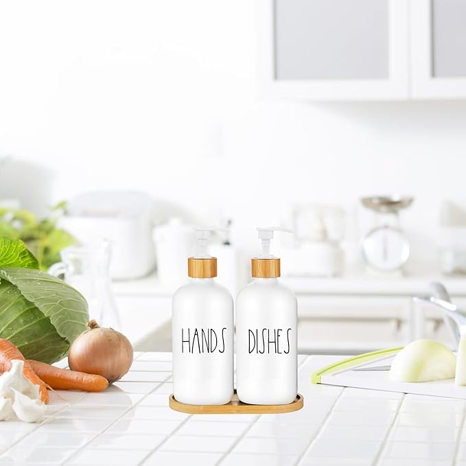 Arktek Glass Soap Dispenser Set with Tray, 2 Pack Hand and Dish Soap Dispenser Set for Bathroom and Kitchen Bottle Dispenser with Dish Soap, Hand Soap, Lotion 17 Oz (2 White)