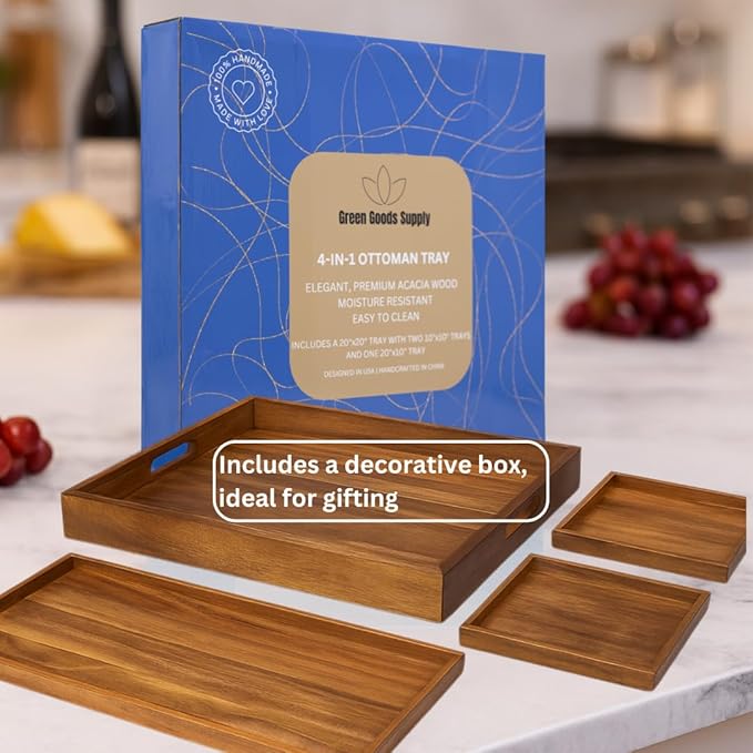 20 inch Large Square Ottoman Tray. Premium Acacia Wood Serving Tray for Living Room, Ottoman, Kitchen or as a Coffee Table Tray. Perfect Serving Tray for Breakfast in Bed, Appetizers or Parties