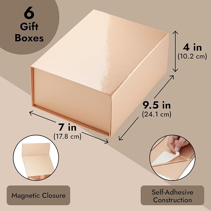 Stockroom Plus Bridesmaid Gift Boxes - Set of 6, 9.5 x 7 x 4 in, Rose Gold - Hidden Magnetic Closure & Lids for Bridesmaid Gifts, Wedding Favors & Jewelry Storage