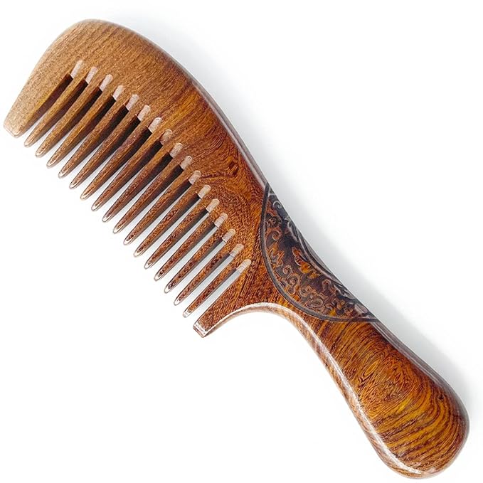 Natural Handmade Sandalwood Comb - Fine Tooth for Wavy, Thick, Thin, Straight Hair, No Static, No Snag, Reduce Tangles for Men, Women, Kids (Auspicious Carve Patterns)