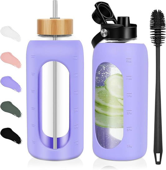 Glass Water Bottles 64 oz - Half Gallon Large Motivational Daily Water Intake Bottle Time Marker - Glass Water Bottle With Straw, Silicone Sleeve 2 Lids, Handle Spout & Bamboo Lid(Purple)