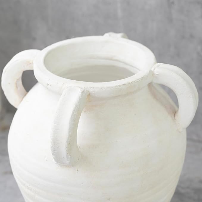 Rustic White Ceramic Vase, Wide Mouth Terracotta, Antique Decorative Flower Vase with 4 Handles, 9.7 in