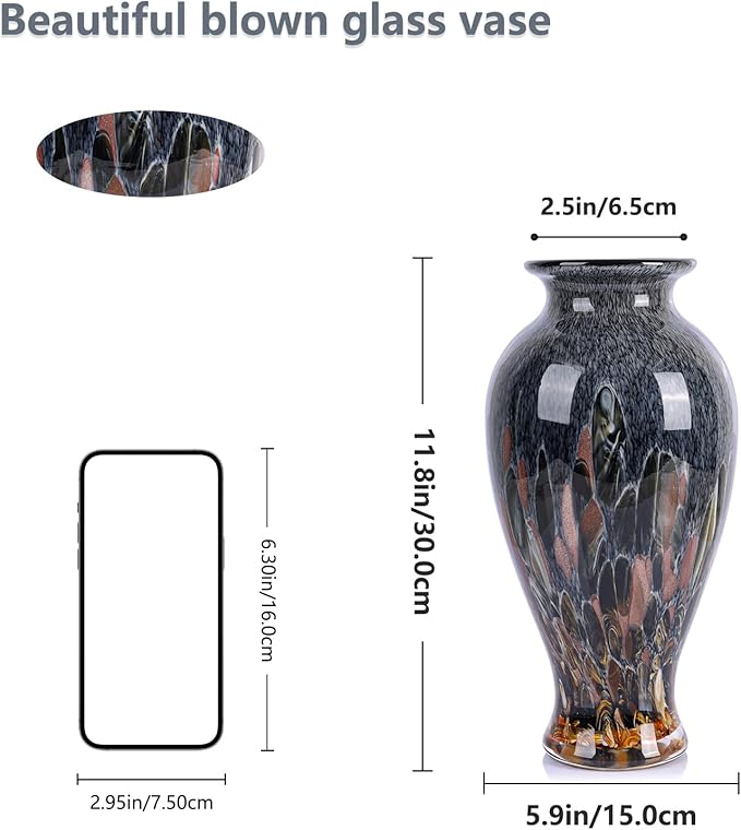 Hand Blown Glass Vase 11.8" Tall Beautiful Amber Blue Sea Wide Mouth Bud Vase for Table Centerpiece, Painted Colorful Murano Glass Flower Vases for - Home Entrance Wedding Center