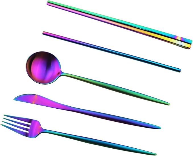 Gugrida Luxury Rainbow Matte Portable 18/10 Stainless Steel Travel Flatware Sets of 7 Portable Camping Cutlery Set, Healthy & Eco-Friendly Flatware Set with Carrying Case for Travel or Camping