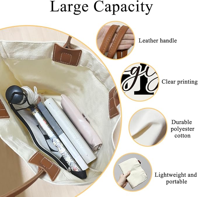 Canvas Tote Bag for Women, Birthday Gifts, Aesthetic Reusable Grocery Shopping Bags With Leather Handles