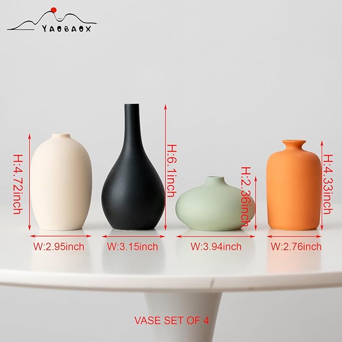 Set of 4 Small Matte Ceramic Vases - Modern & Bohemian Decor for Home, Office, Shelve, Living Room Table, Mantel, Bedroom, Entryway, Rustic Farmhouse Decorative Vases & More（Hademade