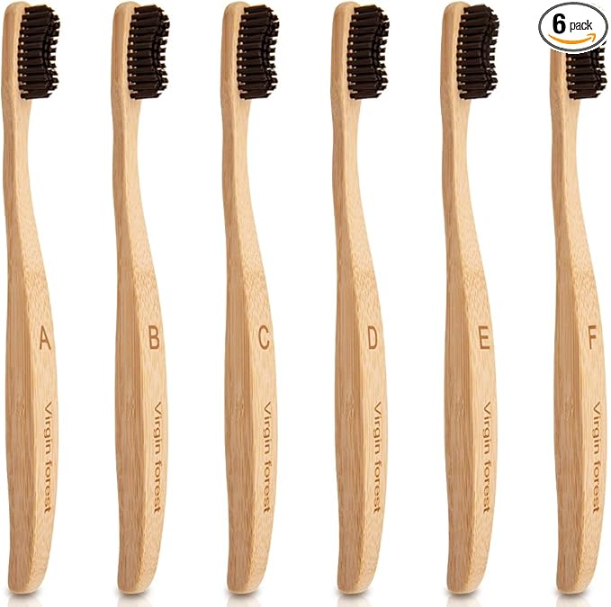 Virgin Forest Bamboo Toothbrush, Natural Eco Friendly Biodegradable Charcoal Tooth Brushes, Pack of 6