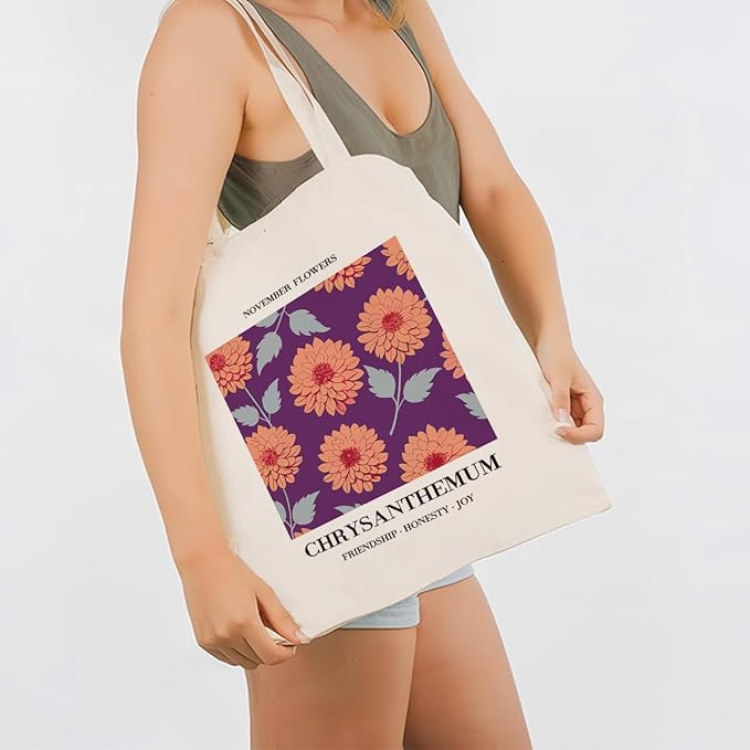 Flower Canvas Tote Bag, November Chrysanthemum Reusable Shoulder Bags, Christmas Gifts to Sister and Friends, Holiday Gift Bags for Wrap Storage, Casual Canvas Totes for Work Traveling