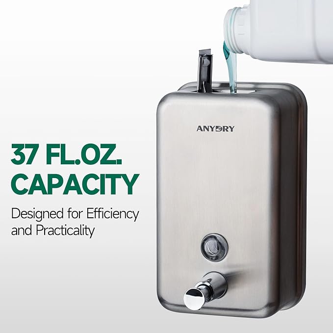 Commercial-Grade Manual Soap Dispenser, Durable Brushed Stainless Steel Finish, 37oz (1100ml), Wall-Mounted for Bathroom & Kitchen