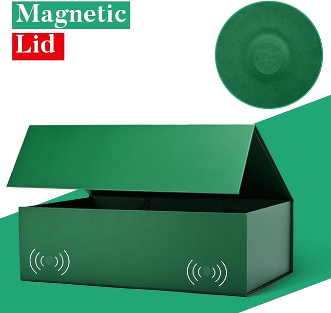 LIFELUM Christmas Gift Box for Presents 1 Pack 13.85 x 8.35 x 4.45 inch Big Decorative Green Gift Box for Clothes with Magnetic Lids Luxury Accessories Card, Ribbon, Filler,Sticker