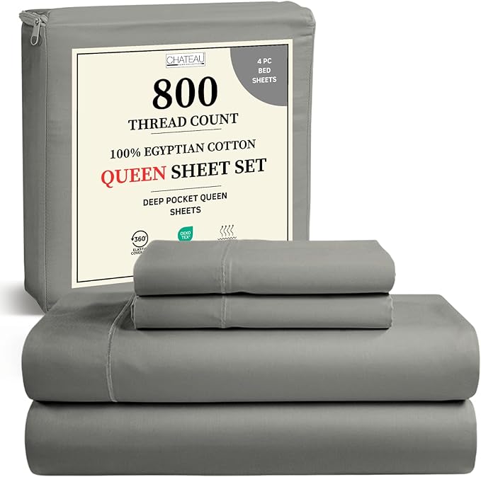 Egyptian Cotton Sheets Queen Size Bed Set Deep Pockets, 800 TC Cotton Queen Sheet Set, Soft Breathable Sateen Weave Elasticated Sheet & Pillowcase Sets, No Pill & Shrink, Machine washable- Silver