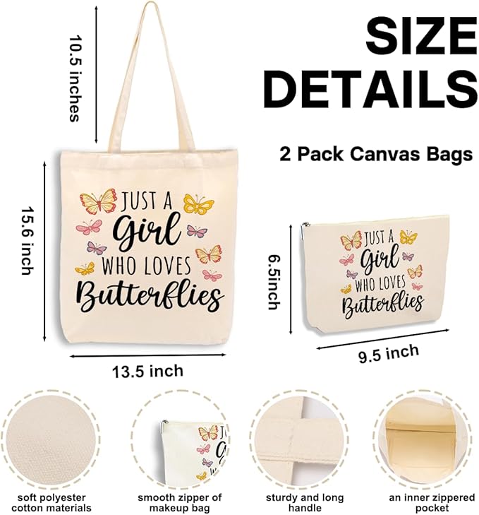 A Girl Loves Butterflies, Butterfly Decor Stuff Accessories, Butterfly Gifts for Women, Cute Canvas Tote Bag Makeup Bag for Women Friend Birthday Weekender Wedding Beach Shopping Mothers Day Christmas
