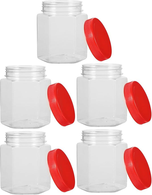 5pcs Airtight Hexagonal Storage Canisters with Lids Dry Food Jars for Kitchen Pantry Cereals Nuts Preservation Transparent Plastic Containers