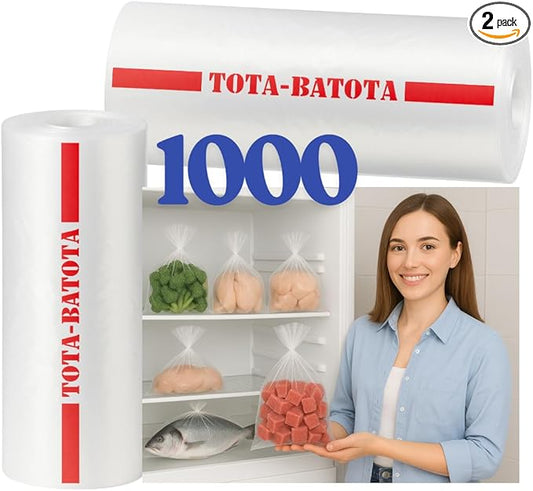 Plastic Produce Bags on Rolls – 1000 Count (2 Rolls), 10 x 15 in, Clear Food Storage Bags with Easy Tear Red Line, for Fruits, Vegetables, Meat, Freezer, Grocery & Commercial Use-TOTA-BATOTA