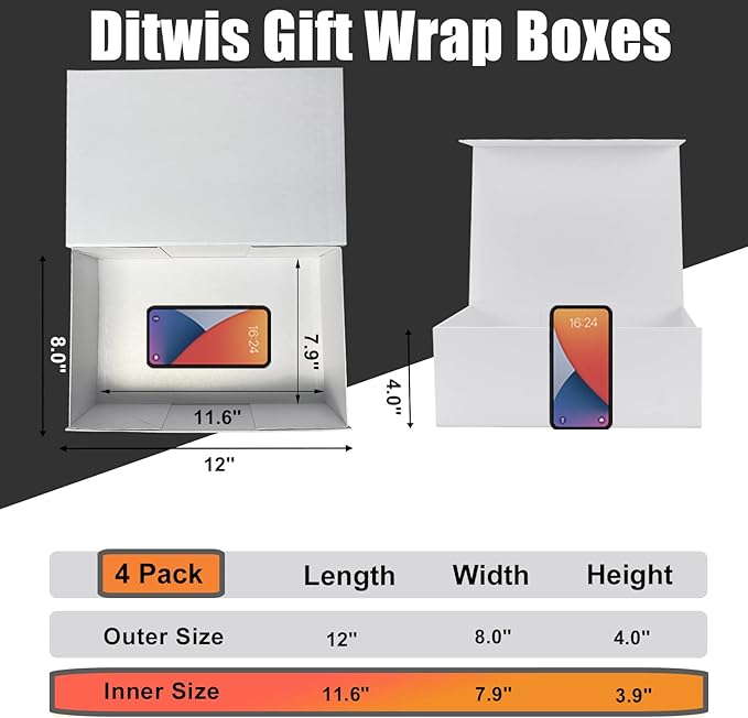 4 Pack 12x8x4 Inches Gift Boxes with Magnetic Closure Lids, White Magnetic Box for Wedding, Groomsmen Bridesmaid Proposal, Birthdays, Mother's Day