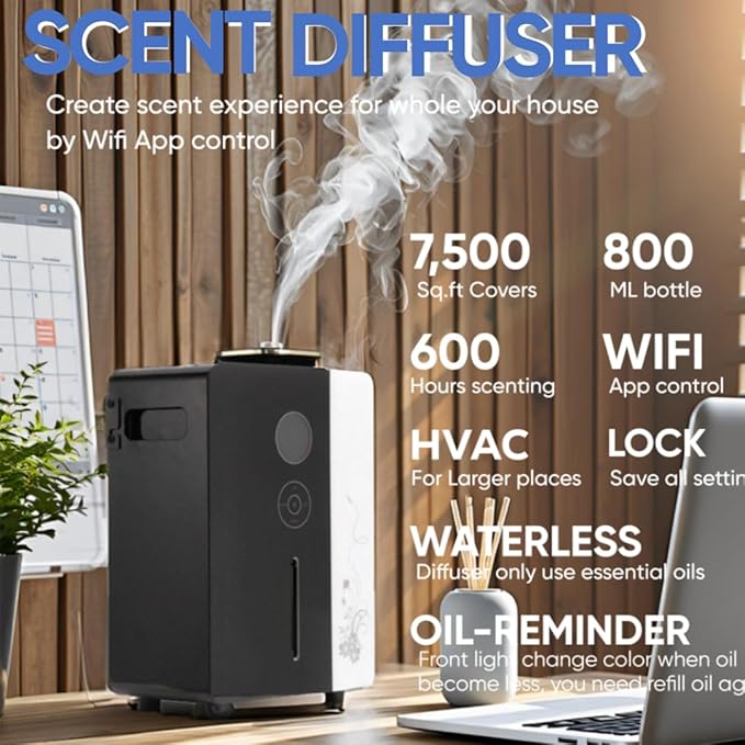 Diffuser - WiFi Air Machine for Home & Commercial Use, Covers 7500 sq. ft., Waterless Cold- Air Nebulizing HVAC Oil Diffuser for Large Room, Hotel, Spa, Office