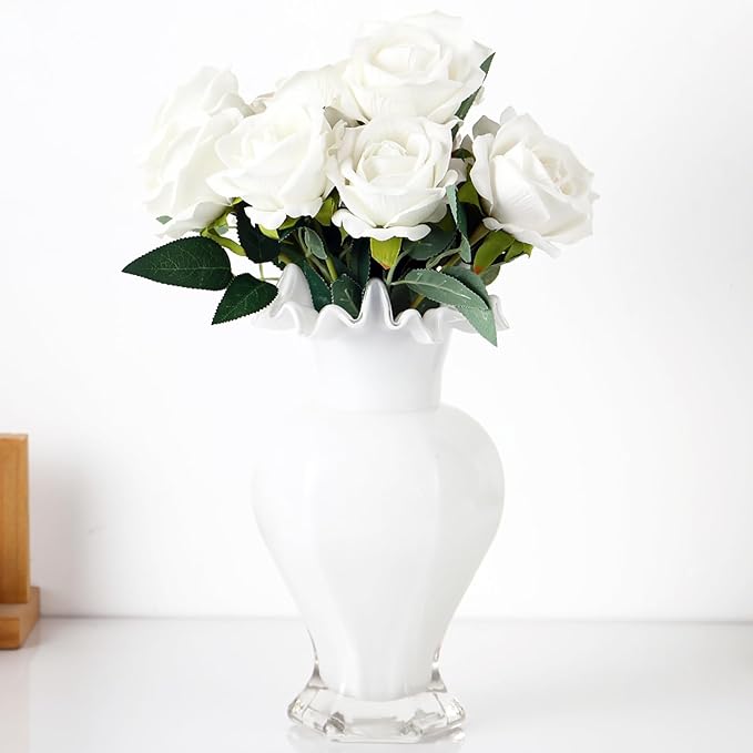 Large Glass Vase, White Glass Vase for Flowers, Flower Vases for Bouquet, Unique Vases for Living Room, Dining Table, Shelf, Wedding, Office, Coffee Table, 9.5 Inches