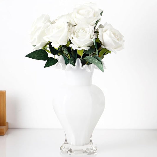 Large Glass Vase, White Glass Vase for Flowers, Flower Vases for Bouquet, Unique Vases for Living Room, Dining Table, Shelf, Wedding, Office, Coffee Table, 9.5 Inches