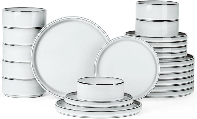 Onader Dinnerware Dishes Sets for 8, Stoneware Plates and Bowls with Unglazed Terracotta Bottom, Ceramic Kitchen Dinner Dish Set, 24 Piece - Glacier White