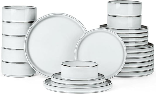 Onader Dinnerware Dishes Sets for 8, Stoneware Plates and Bowls with Unglazed Terracotta Bottom, Ceramic Kitchen Dinner Dish Set, 24 Piece - Glacier White