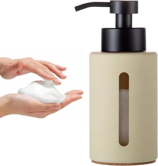 Enra Thick Glass Foaming Soap Dispenser with Clear Window,12oz Bathroom Soap Dispenser with Stainless Steel Pump, Modern Boho Refillable Pump Bottle for Bathroom Kitchen (Beige/Foam Type)